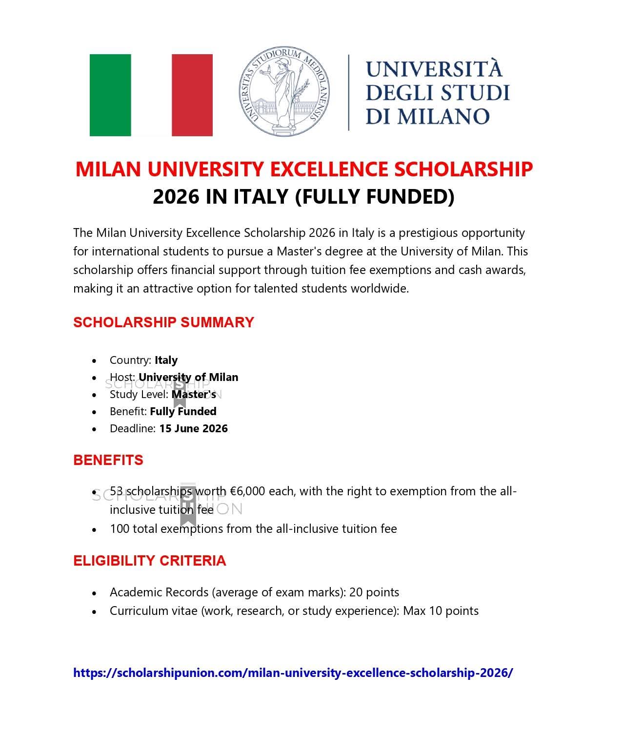 Milan University Excellence Scholarship 2026 in Italy