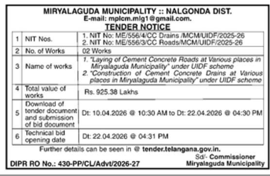 Miryalaguda Municipality Tender Notice