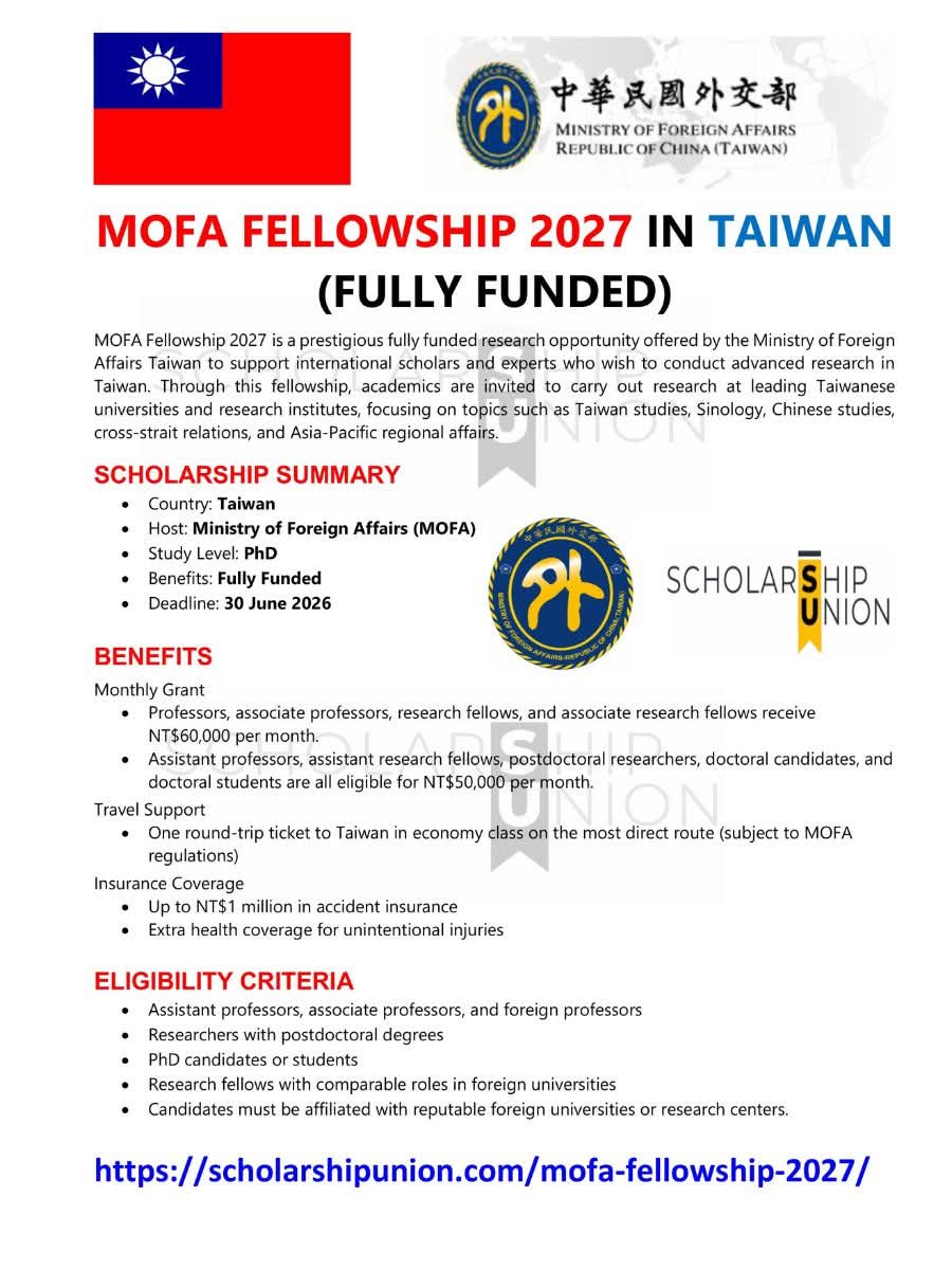 MOFA Fellowship 2026 in Taiwan