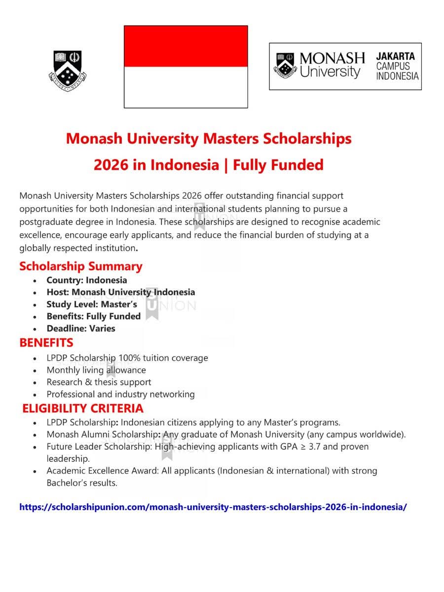 Monash University Masters Scholarships 2026 in Indonesia