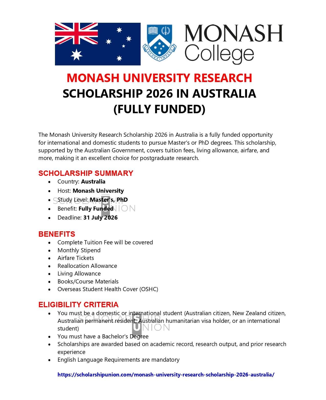 Monash University Research Scholarships 2026 in Australia