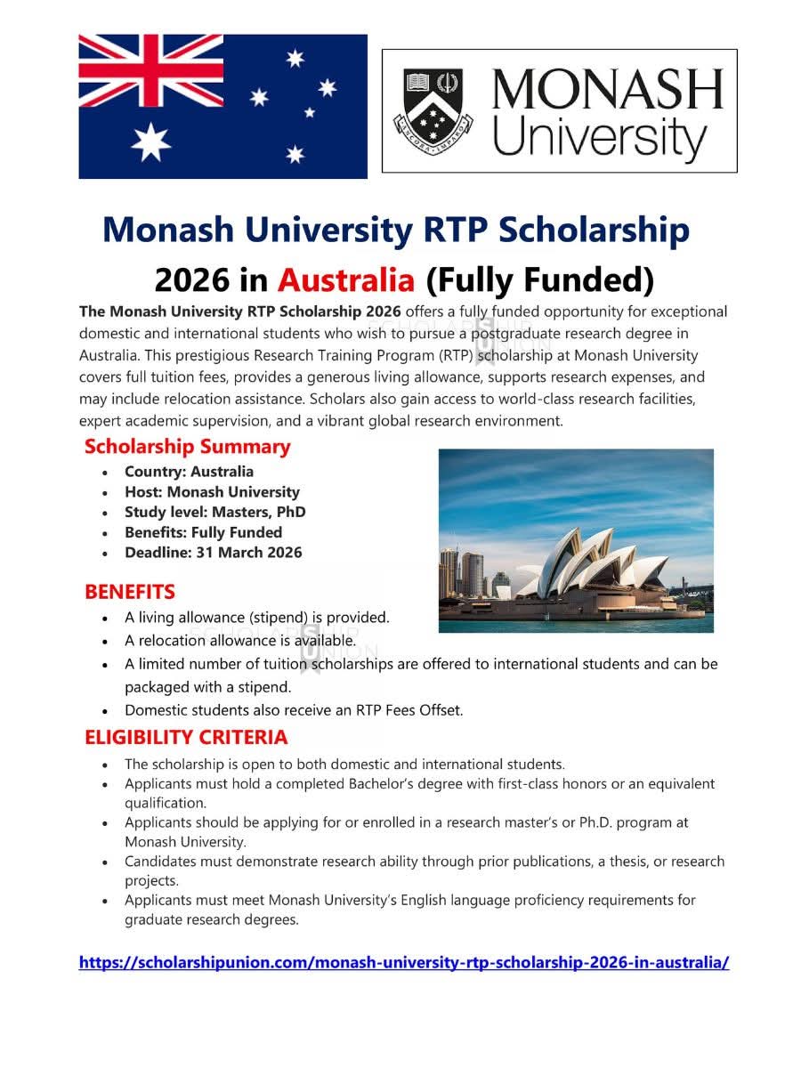 Monash University’s  RTP Scholarship 2026 in Australia