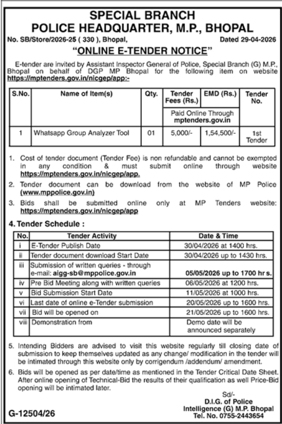 MP Police Tender Notice: Procurement of Whatsapp Group Analyzer Tool