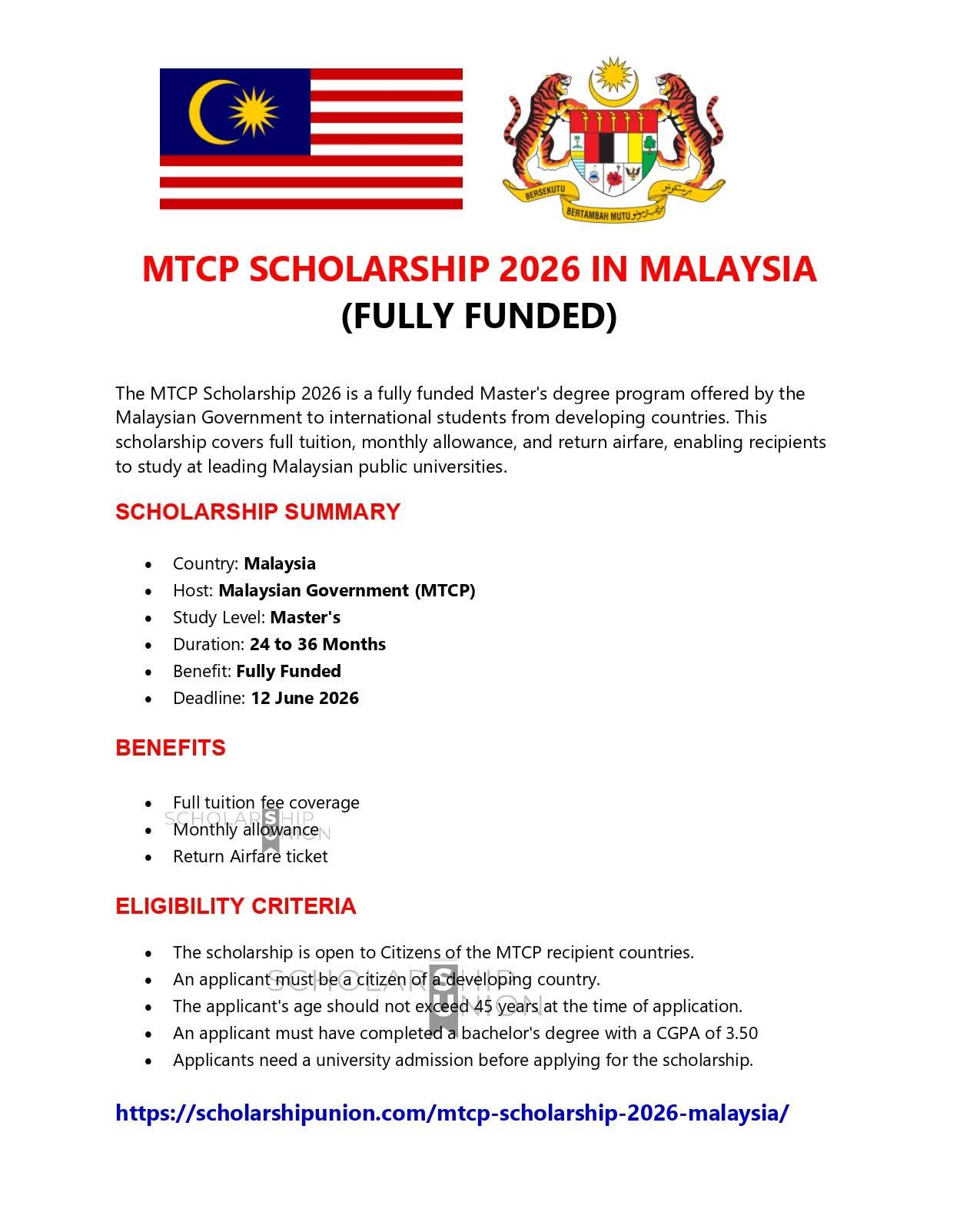 MTCP Scholarship 2026 in Malaysia