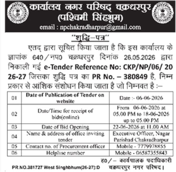 Nagar Parishad Chakradharpur: E-Tender Corrigendum Notice