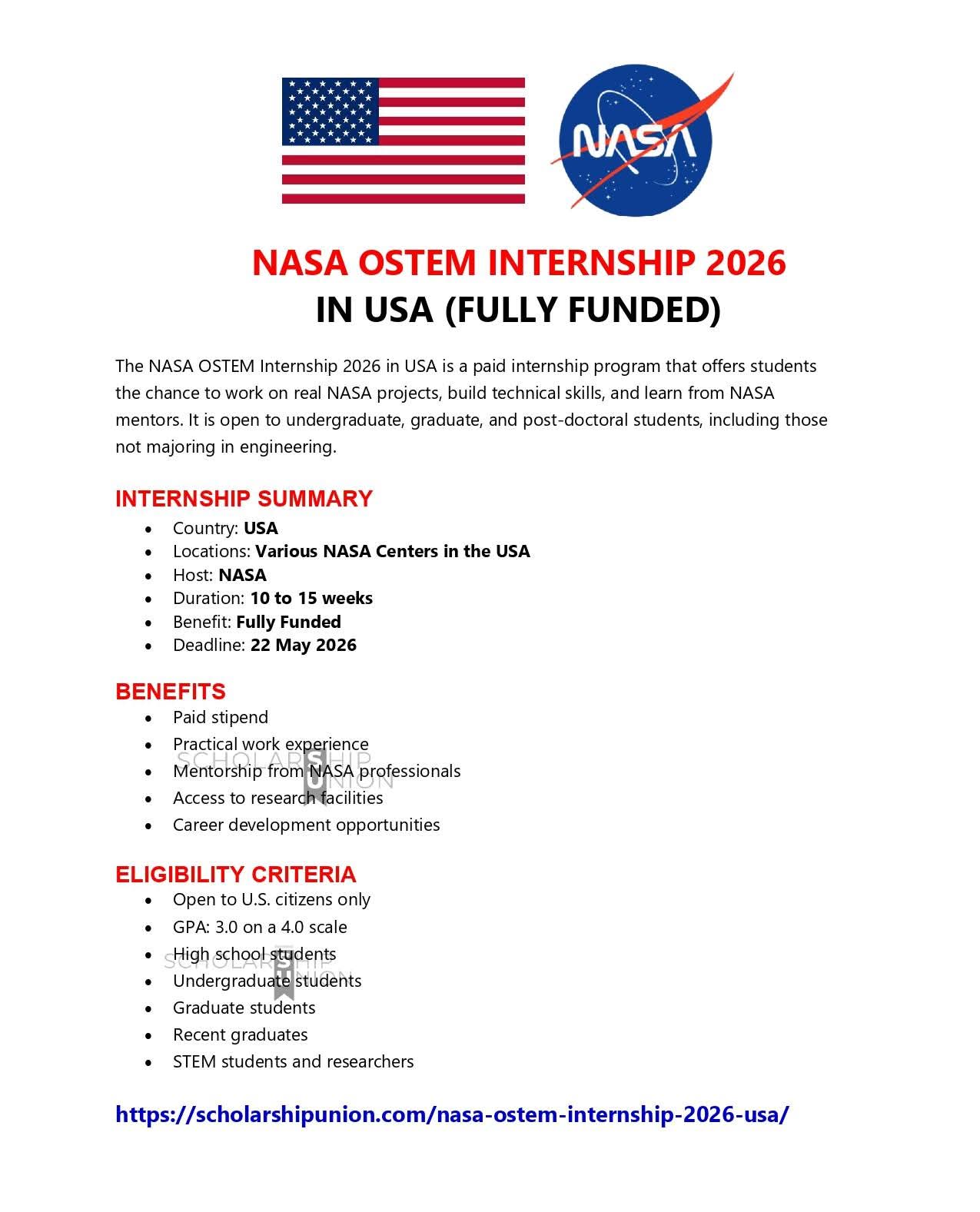 NASA OSTEM Internship 2026 in USA