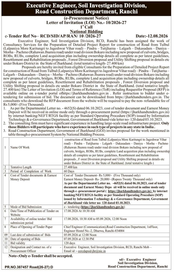 National Bidding E-Tender for Road Project DPR by RCD