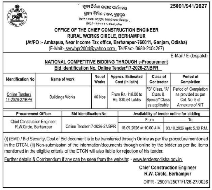 National Competitive Bidding for Building Construction Works by Rural Works Circle Berhampur