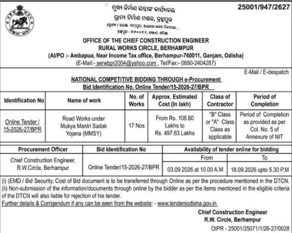 National Competitive Bidding for MMSY Road Works by Rural Works Circle Berhampur