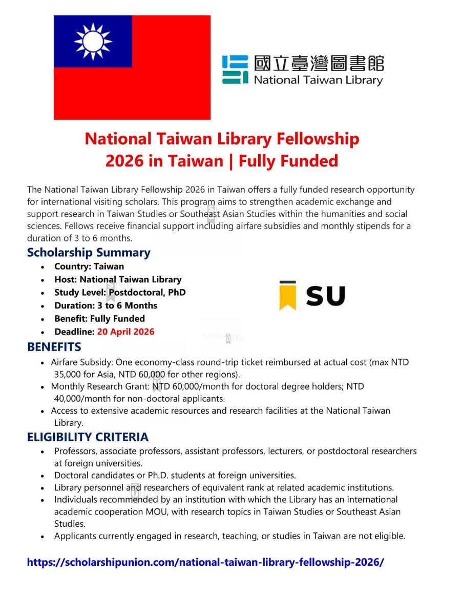 National Taiwan Library Fellowship 2026 in Taiwan