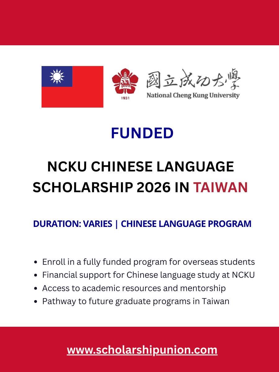 NCKU CHINESE LANGUAGE SCHOLARSHIP 2026  IN TAIWAN