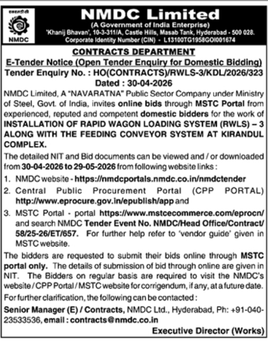 NMDC Limited E-Tender Notice: Installation of Rapid Wagon Loading System