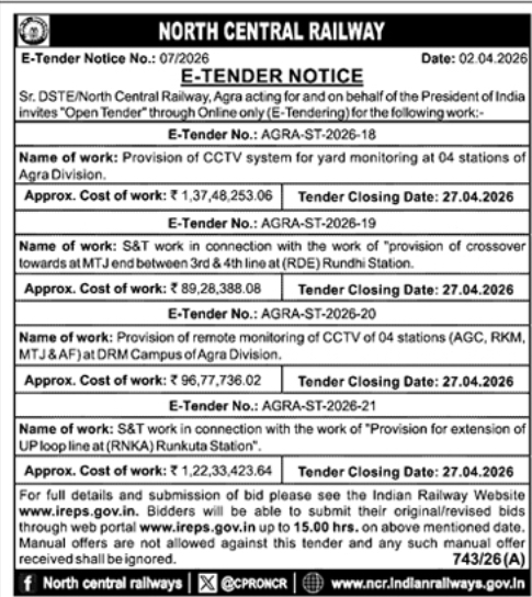 North Central Railway (Agra Division) E-Tender Notice