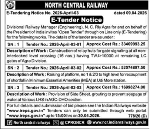 North Central Railway (Agra Division) E-Tender Notice