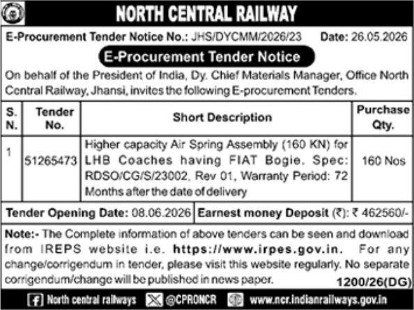 North Central Railway: E-Procurement Tender for LHB Coach Air Spring Assemblies
