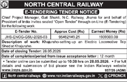 North Central Railway e-Tender: Electric Locomotive Trip Shed at Khajuraho