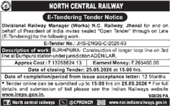 North Central Railway e-Tender: Longer Loop Line Construction at Burhpura Station