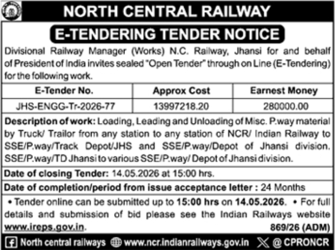 North Central Railway: e-Tender Notice for Material Handling Works