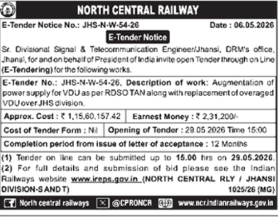 North Central Railway E-Tender Notice: Jhansi Division Project