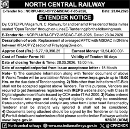 North Central Railway E-Tender Notice: Replacement of AFTC with MSDAC (Prayagraj Division)