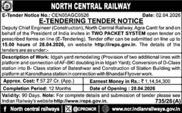 North Central Railway E-Tender Notice