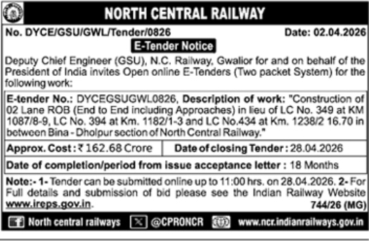 North Central Railway E-Tender Notice