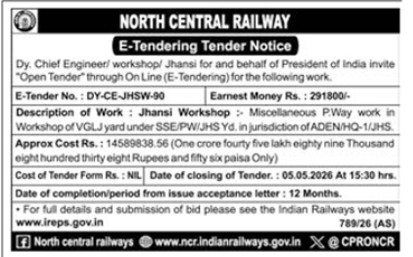 North Central Railway E-Tender Notice