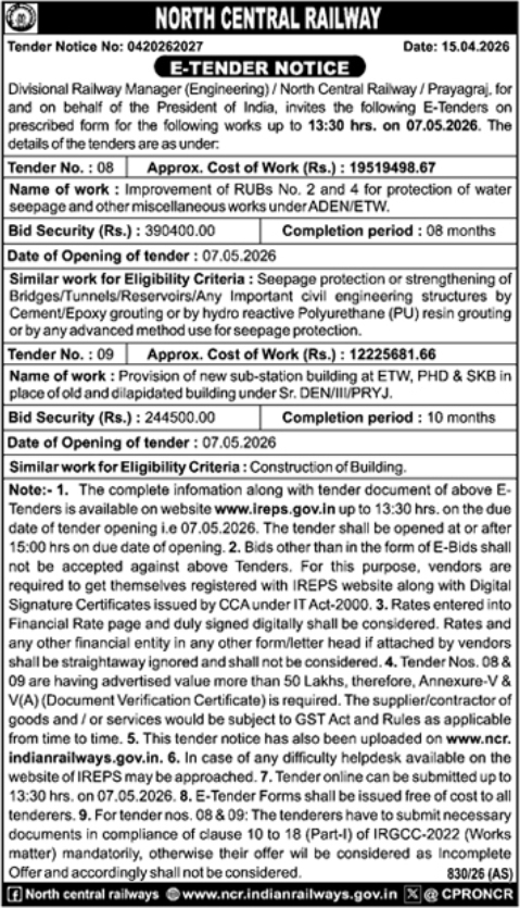 North Central Railway E-Tender Notice