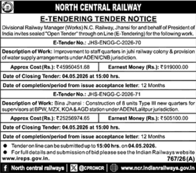 North Central Railway (Jhansi Division) E-Tender Notice