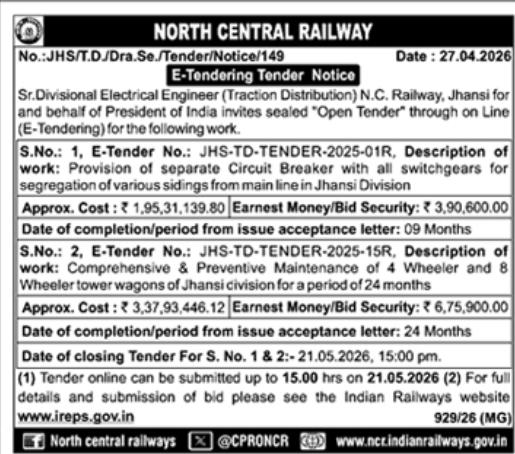 North Central Railway: Jhansi Division Electrical & Maintenance Tenders