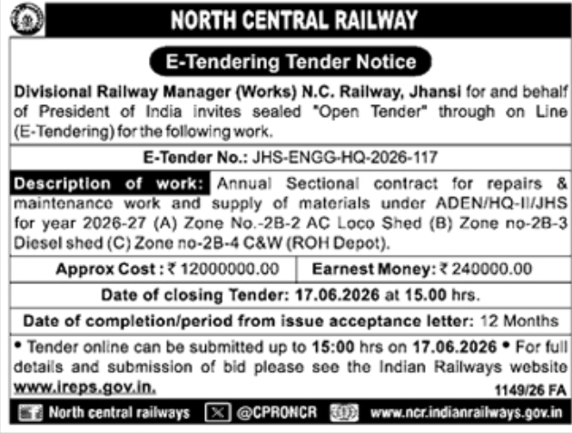 North Central Railway Jhansi Sheds and Depot Maintenance Tender