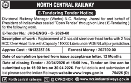North Central Railway, Jhansi Tender Notice