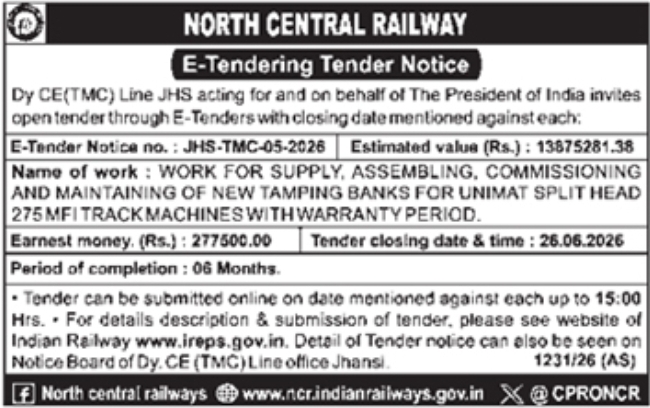 North Central Railway Jhansi Track Machine Tamping Banks Contract