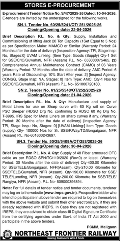 Northeast Frontier Railway E-Tender Notice