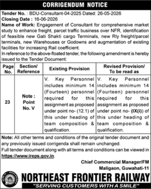 Northeast Frontier Railway: Market Study Consultant Corrigendum Notice