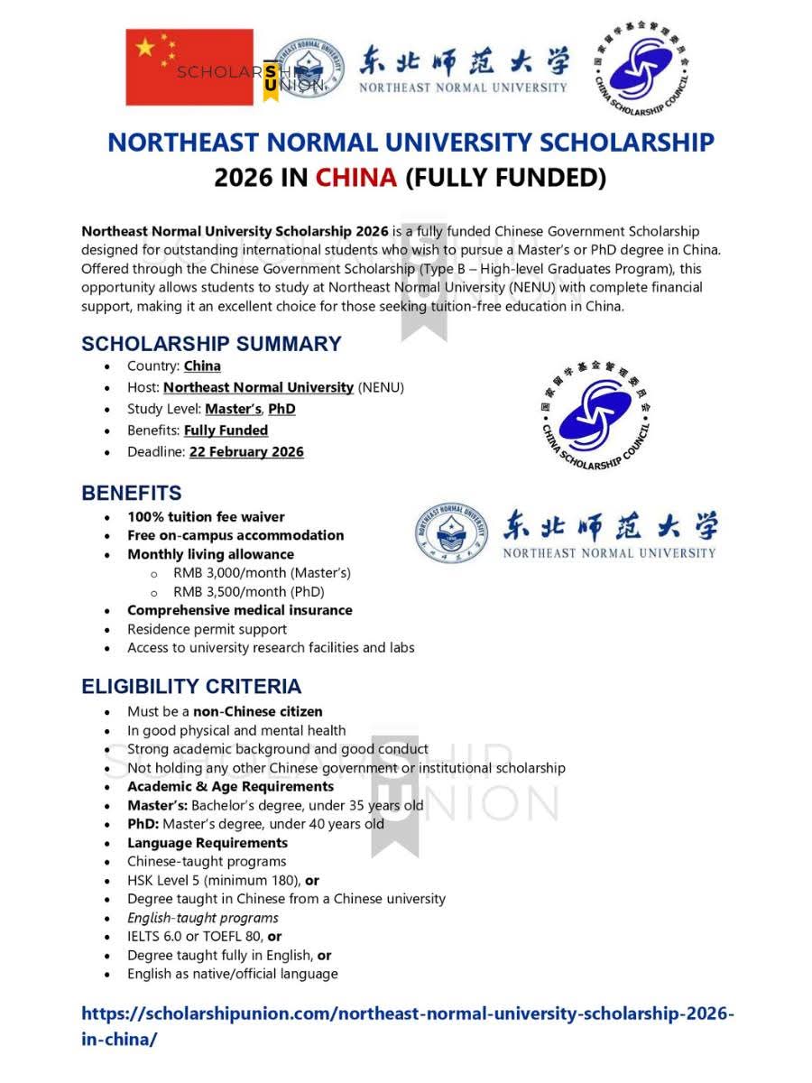 Northeast Normal University Scholarship 2026 in China