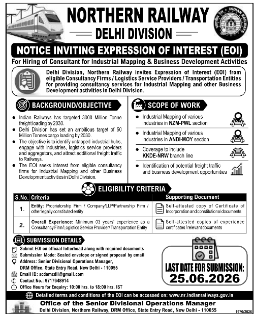 Northern Railway Delhi Division EOI for Industrial Mapping Consultant