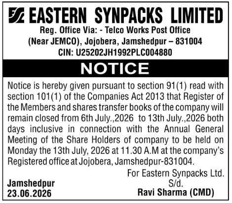 Notice: AGM and Book Closure by Eastern Synpacks Limited