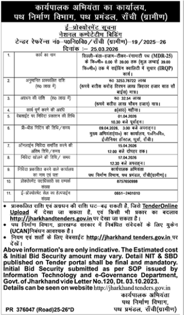 Notice Inviting E-tender For Road Improvement Works