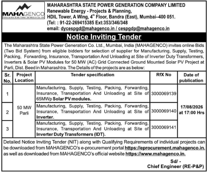 Notice Inviting Tender for 50 MW Solar PV Project Equipment by MAHAGENCO
