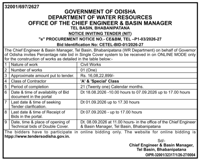 Notice Inviting Tender for Civil Engineering Works by Department of Water Resources