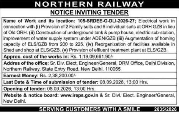 Notice Inviting Tender for Electrical and Infrastructure Works by Northern Railway