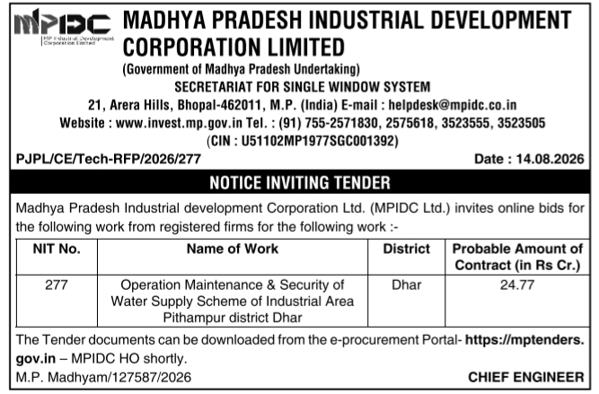 Notice Inviting Tender for Industrial Water Supply Scheme Maintenance by MPIDC