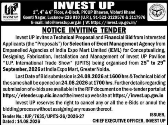 Notice Inviting Tender for Invest UP Pavilion Event Management Agency