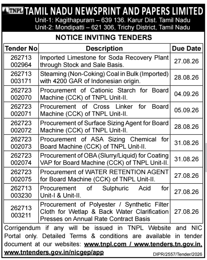 Notice Inviting Tenders for Bulk Industrial Raw Materials by TNPL
