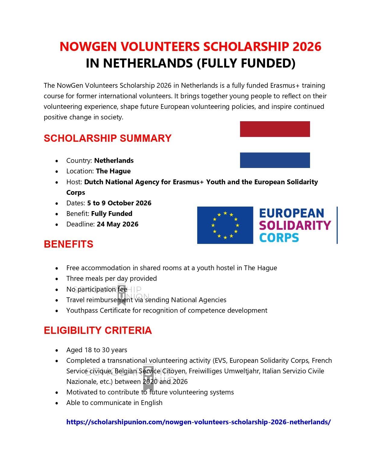 NowGen Volunteers Scholarship 2026 in Netherlands
