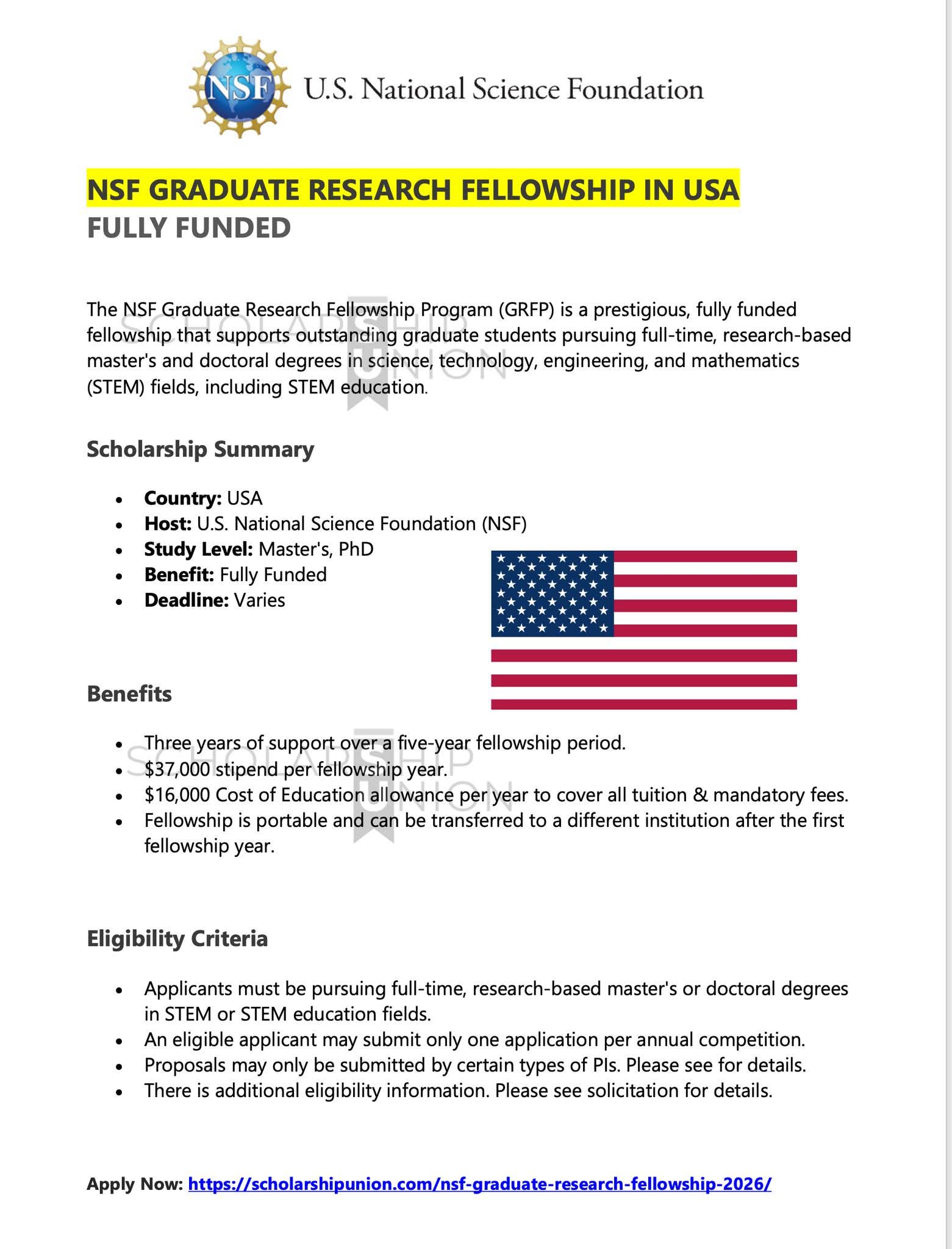 NSF Graduate Research Fellowship in USA