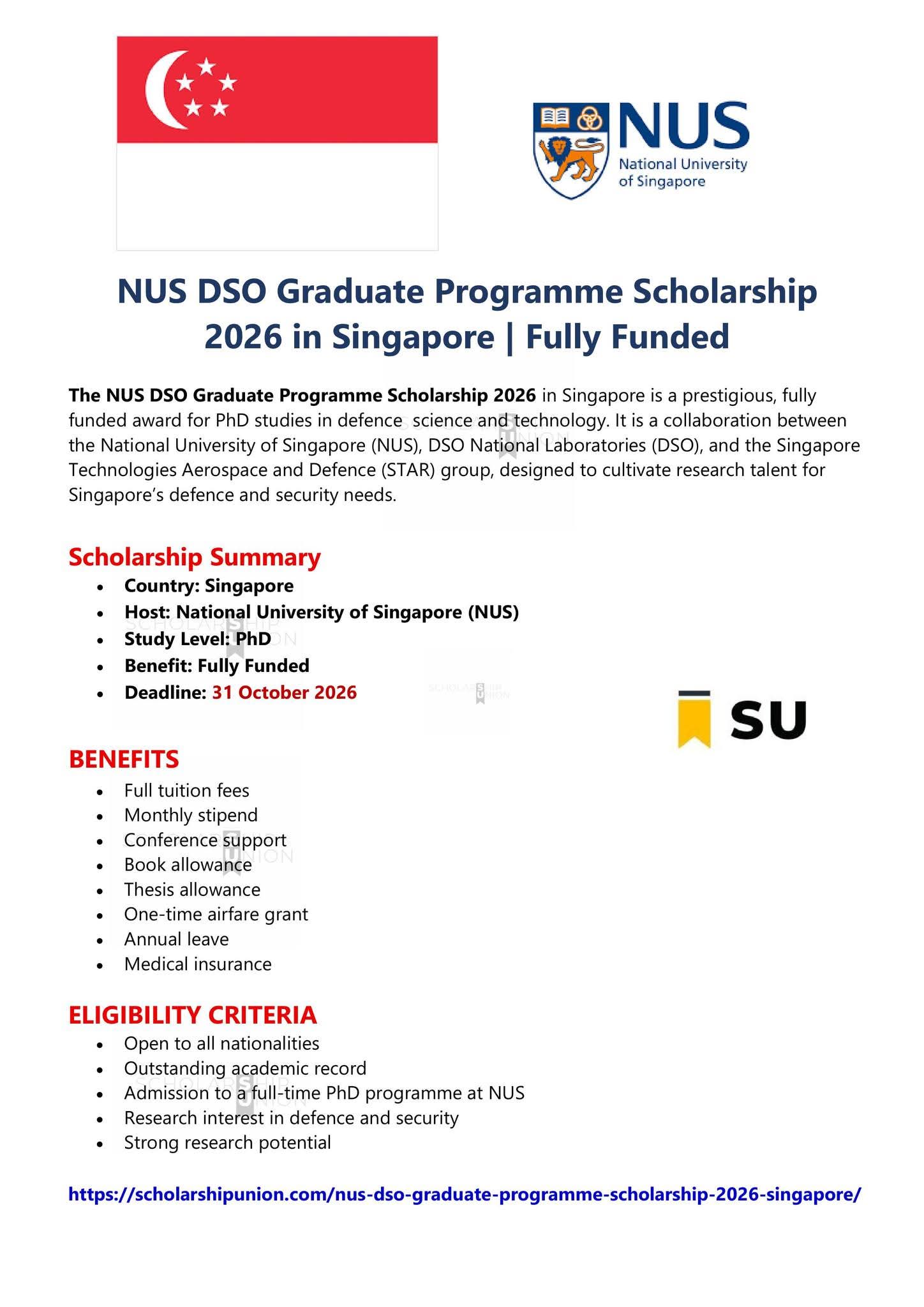 NUS-DSO Graduate Programme Scholarship 2026 in Singapore