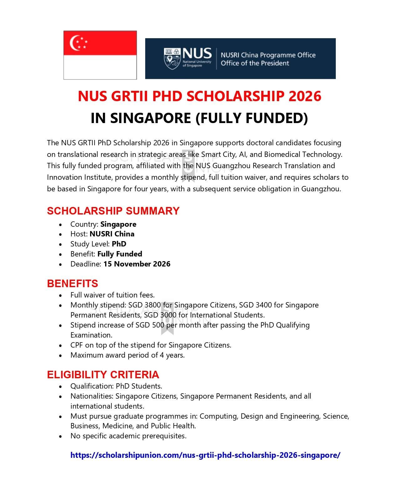 NUS GRTII PhD Scholarship 2026 in Singapore