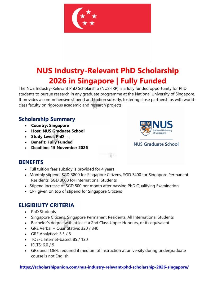 NUS Industry-Relevant PhD Scholarship 2026 in Singapore